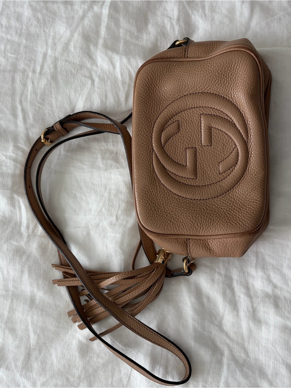 Gucci Brown Pebbled Leather Crossbody Camera Bag with Tassel